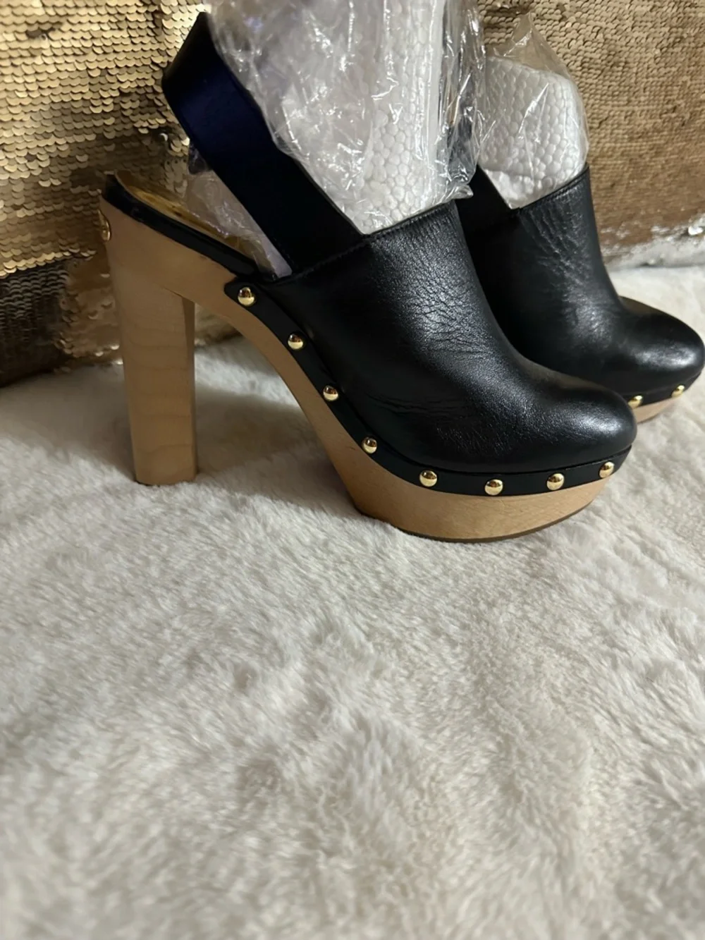 Michael Kors Black Leather Platform Clog Heels with Gold Studs - Picture 5 of 12